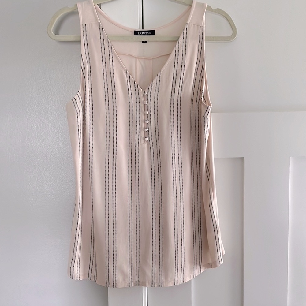 Express Pinstriped Sleeveless Mixed Media Shell Top Tank M Light Peach/Cream